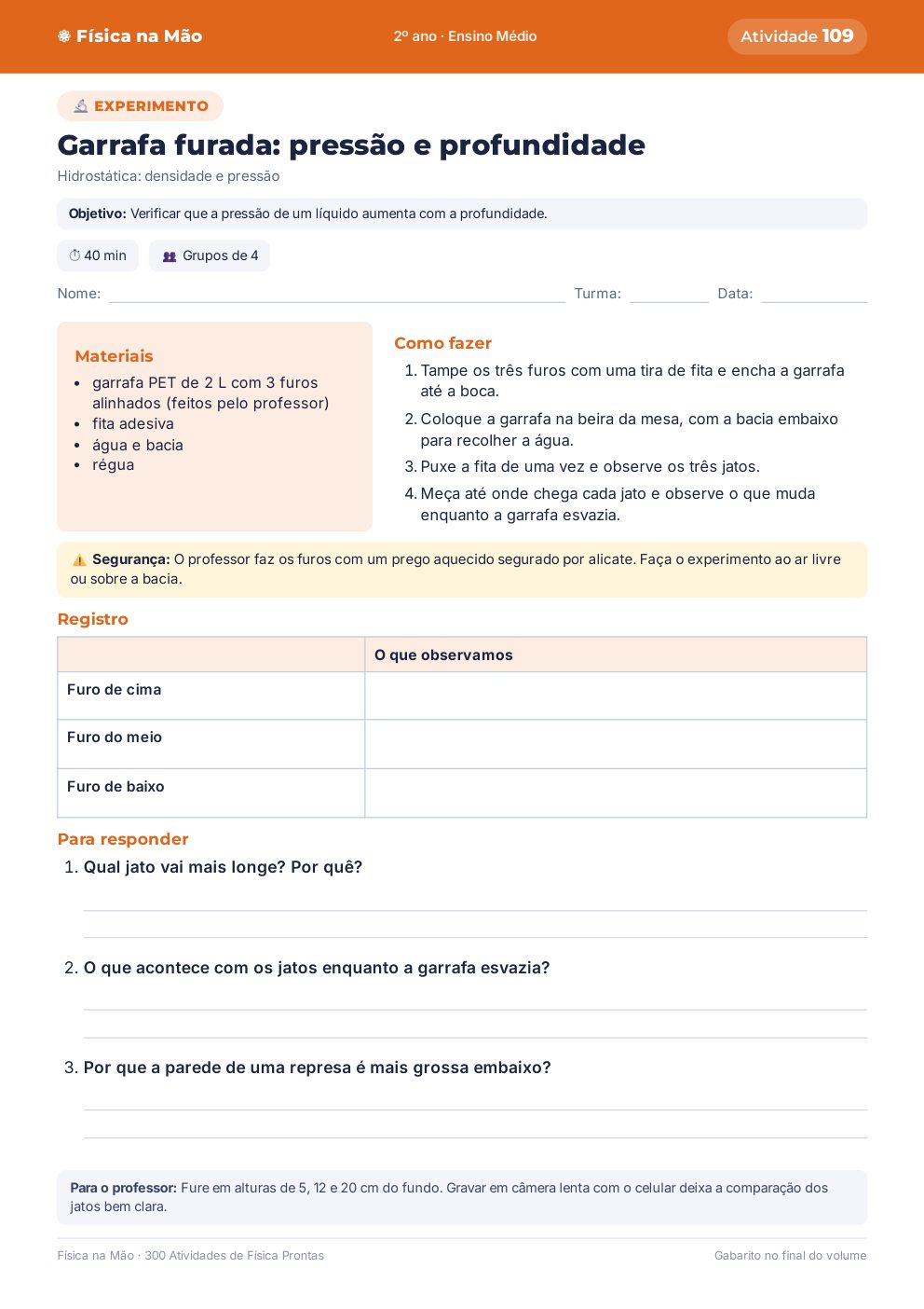 Garrafa furada: pressão e profundidade
